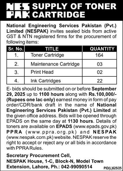 NESPAK Lahore Tender Notice